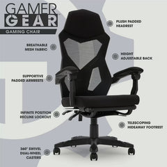 Gamer Gear Gaming Office Chair with Extendable Leg Rest, Black Fabric Upholstery