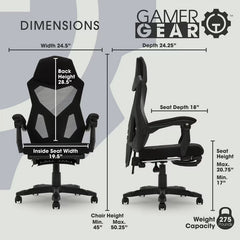 Gamer Gear Gaming Office Chair with Extendable Leg Rest, Black Fabric Upholstery