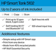 HP Smart Tank 5102 Wireless All-in-One Color Home Inkjet Tank Printer w/up to 2 Yrs of Ink Incl