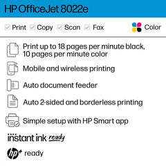 (New - Open Box) HP OfficeJet 8022e All-in-One Wireless Color Inkjet Printer - 6 Months Free Instant Ink with HP+