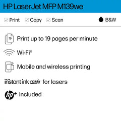 HP LaserJet MFP M139we Wireless Black & White Laser Printer with 6 Months of Instant Ink included with HP+