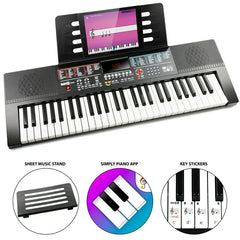 RockJam 61-Key Black Electronic Keyboard Piano with Sheet Music Rest, Piano Note Stickers & Lessons