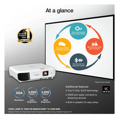 Epson EX3280 3-Chip 3LCD XGA Projector, 3,600 Lumens Color Brightness, 3,600 Lumens White Brightness, HDMI, Built-in Speaker, 15,000:1 Contrast Ratio