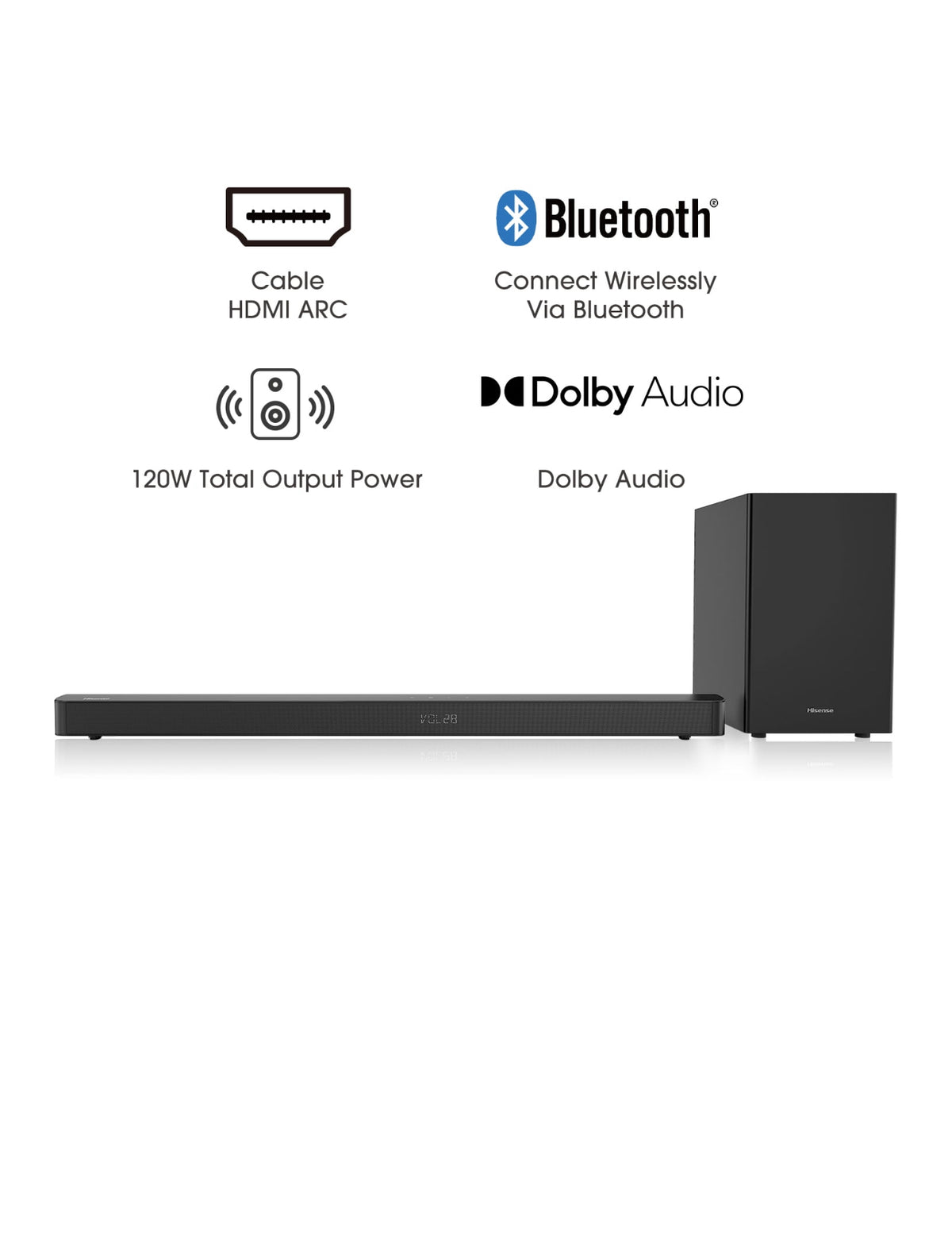 Hisense HS212F 2.1 Channel Sound Bar with Wireless Subwoofer, 120W, Dolby Audio, Pure Surround, Ezplay Support, Roku TV Ready, Bluetooth, HDMI ARC/Optical/AUX/USB (Model HS212F) Black