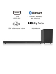 Hisense HS212F 2.1 Channel Sound Bar with Wireless Subwoofer, 120W, Dolby Audio, Pure Surround, Ezplay Support, Roku TV Ready, Bluetooth, HDMI ARC/Optical/AUX/USB (Model HS212F) Black